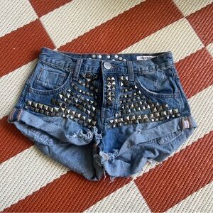 One Teaspoon Distressed Blue Studded Shorts